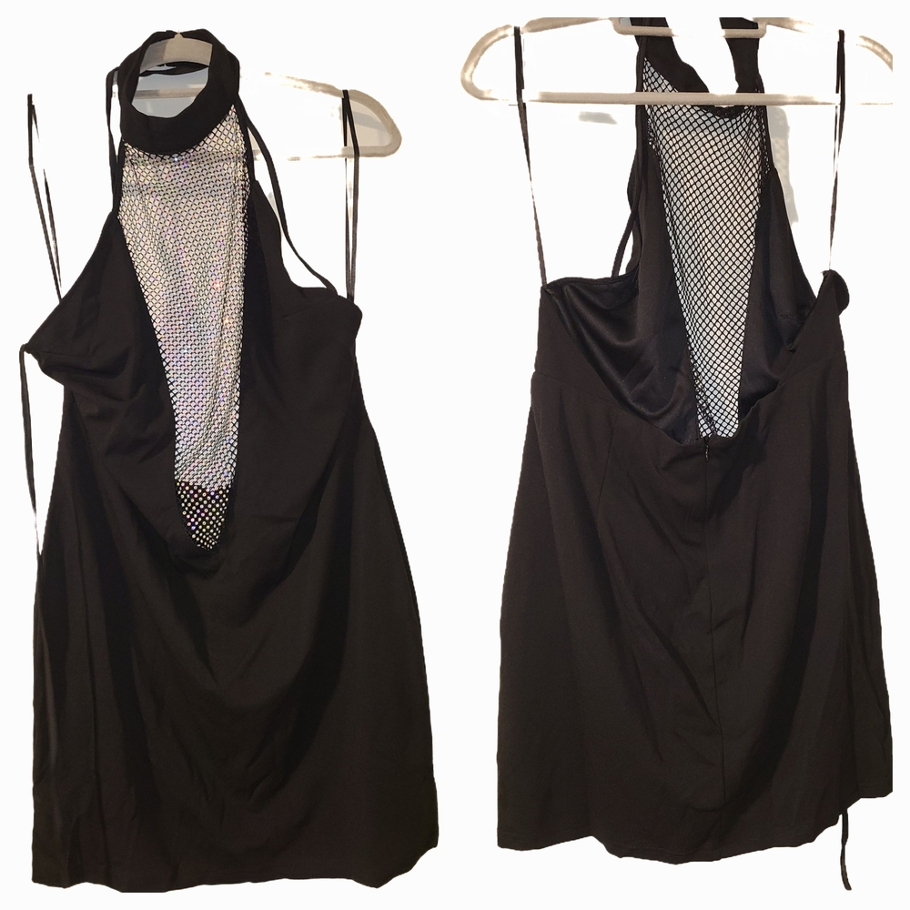 Black Halter Dress with Mesh Plunge